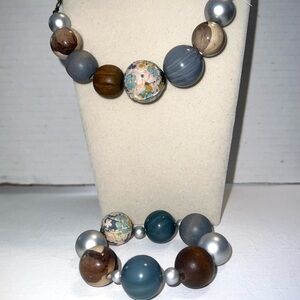 Chunky Bead Necklace Bracelet Set Blue Brown Silver Statement Jewelry‎